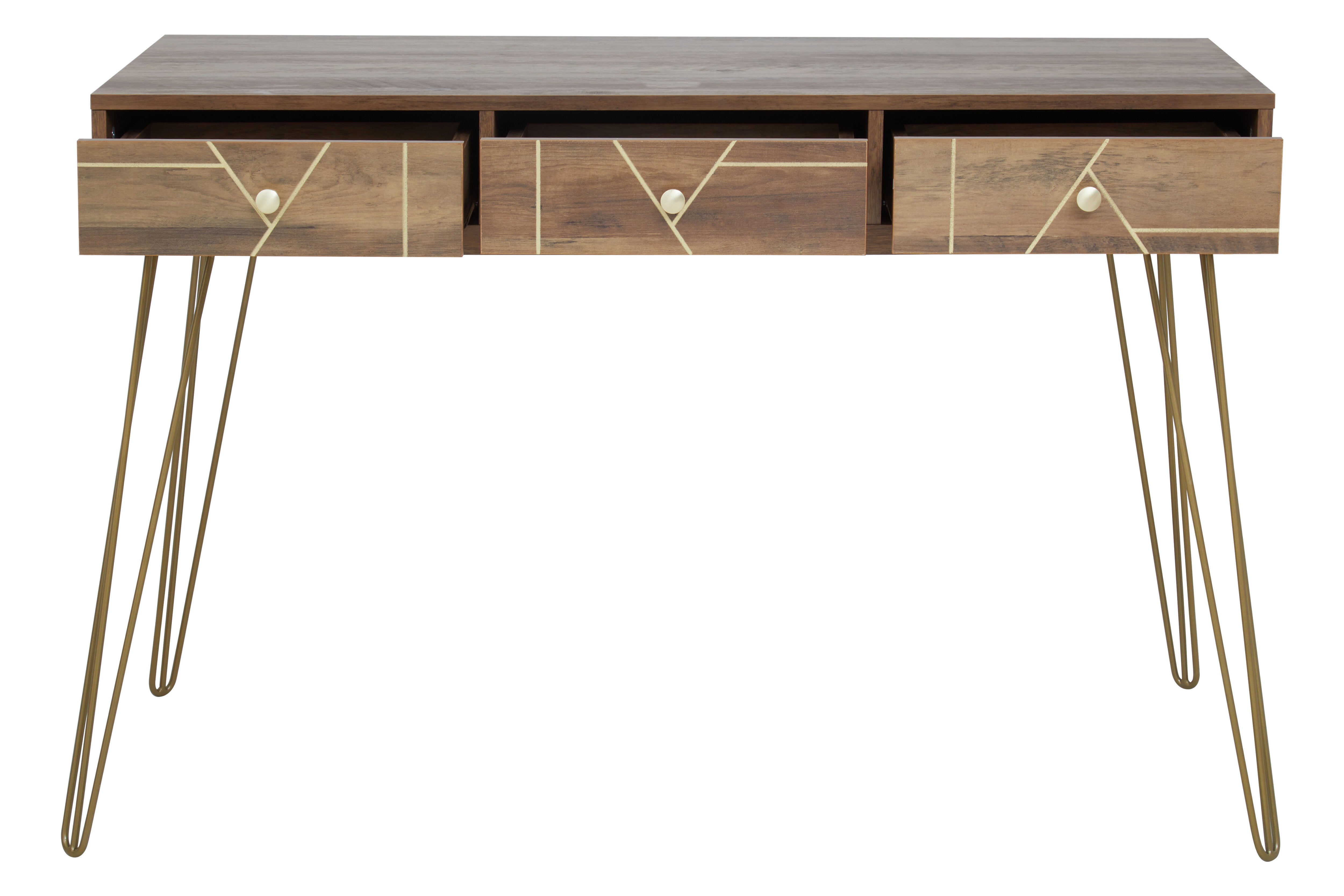 Ophelia Brown Wood & Gold Three Drawer Desk